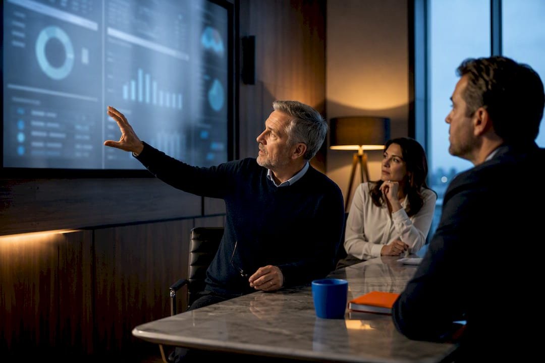 Leaders reviewing governed analytics dashboards